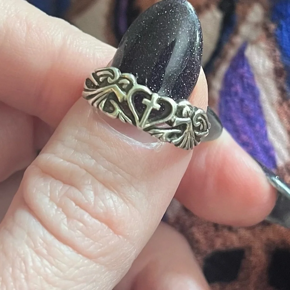 Vintage 925 Sterling Silver Heart Cross and Angels Ring with Maker’s Mark